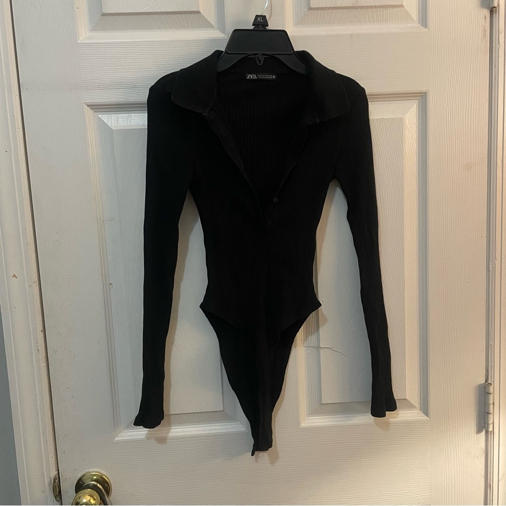 Zara Black Ribbed Collared Long-Sleeve Bodysuit